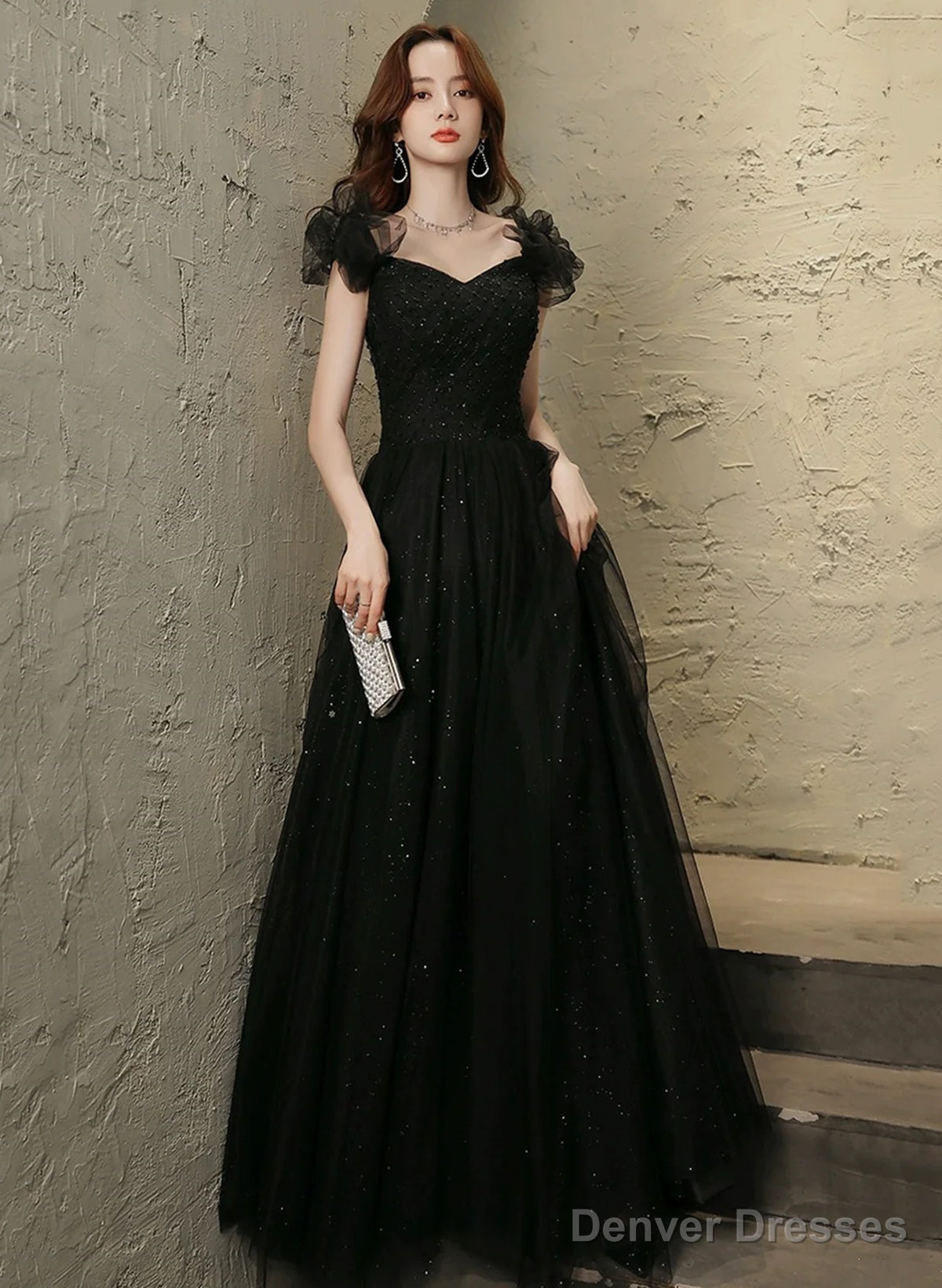 Black Tulle Beaded A-Line Long Prom Dress, Short Sleeves  Party Dress Main image