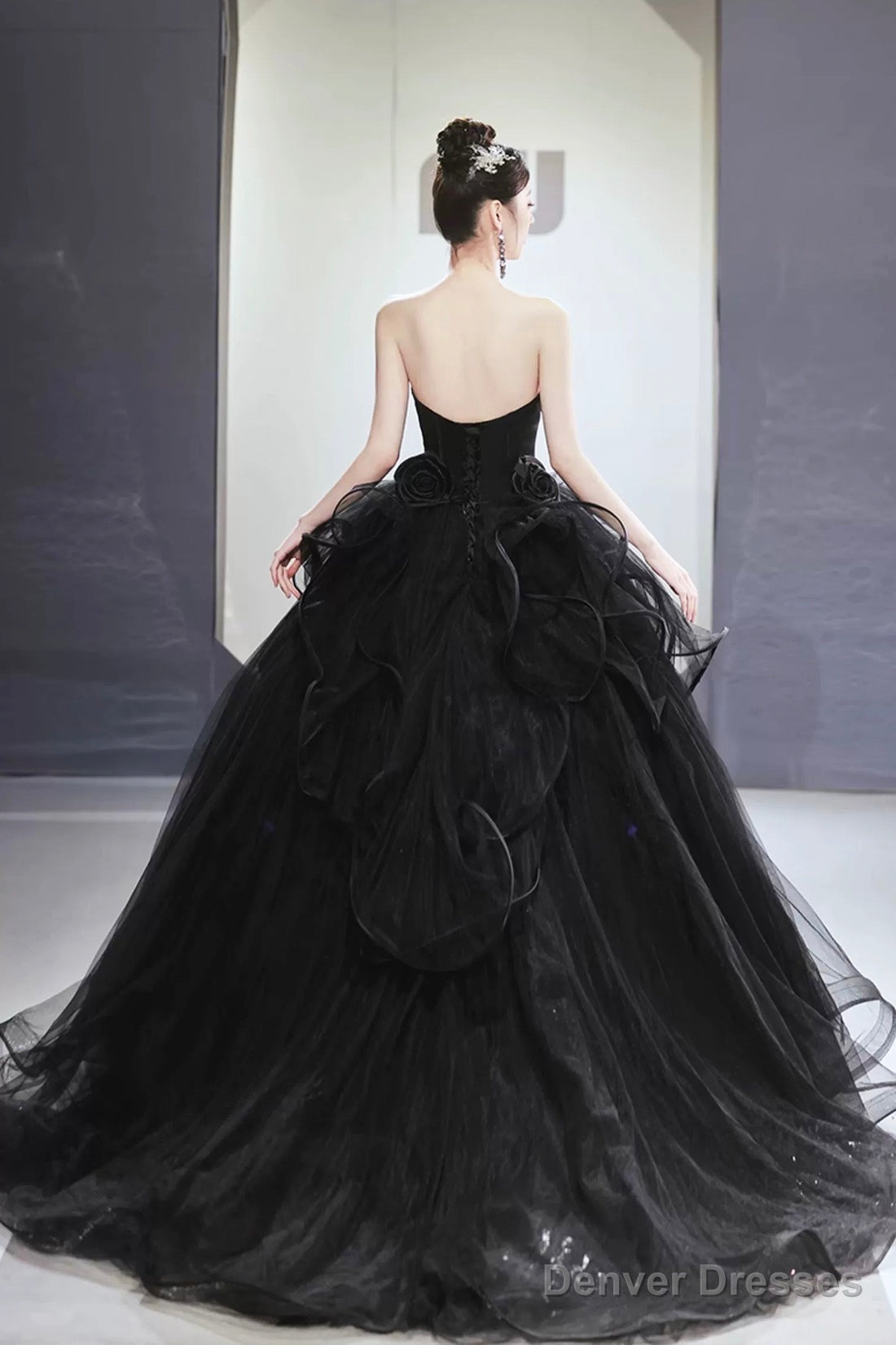 Black Tulle Beaded Long Ball Gown, A-Line Strapless Evening Formal Gown Secondary image