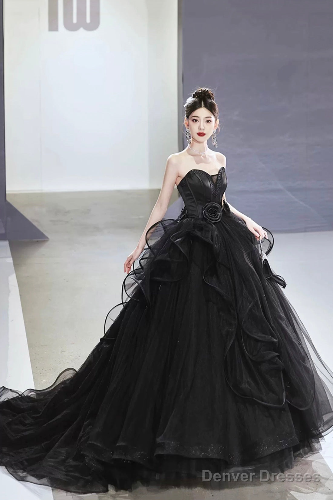 Black Tulle Beaded Long Ball Gown, A-Line Strapless Evening Formal Gown Main image