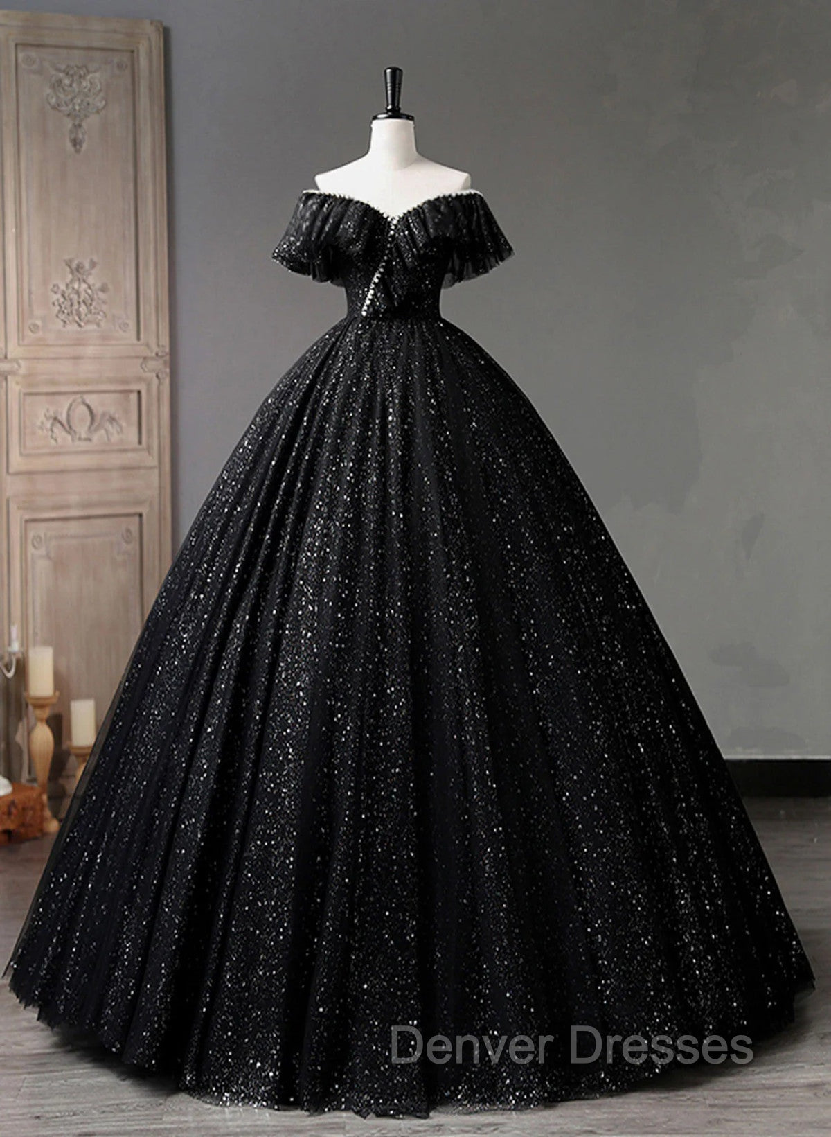 Black Tulle Beaded Long Formal Gown, Black Tulle A-line Prom Dress Secondary image