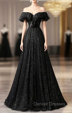 Black Tulle Beaded Long Formal Gown, Black Tulle A-line Prom Dress