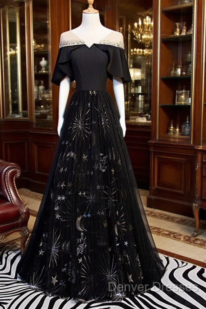 Black Tulle Beaded Long Party Dress, A-Line Black Formal Dress Prom Dress Main image