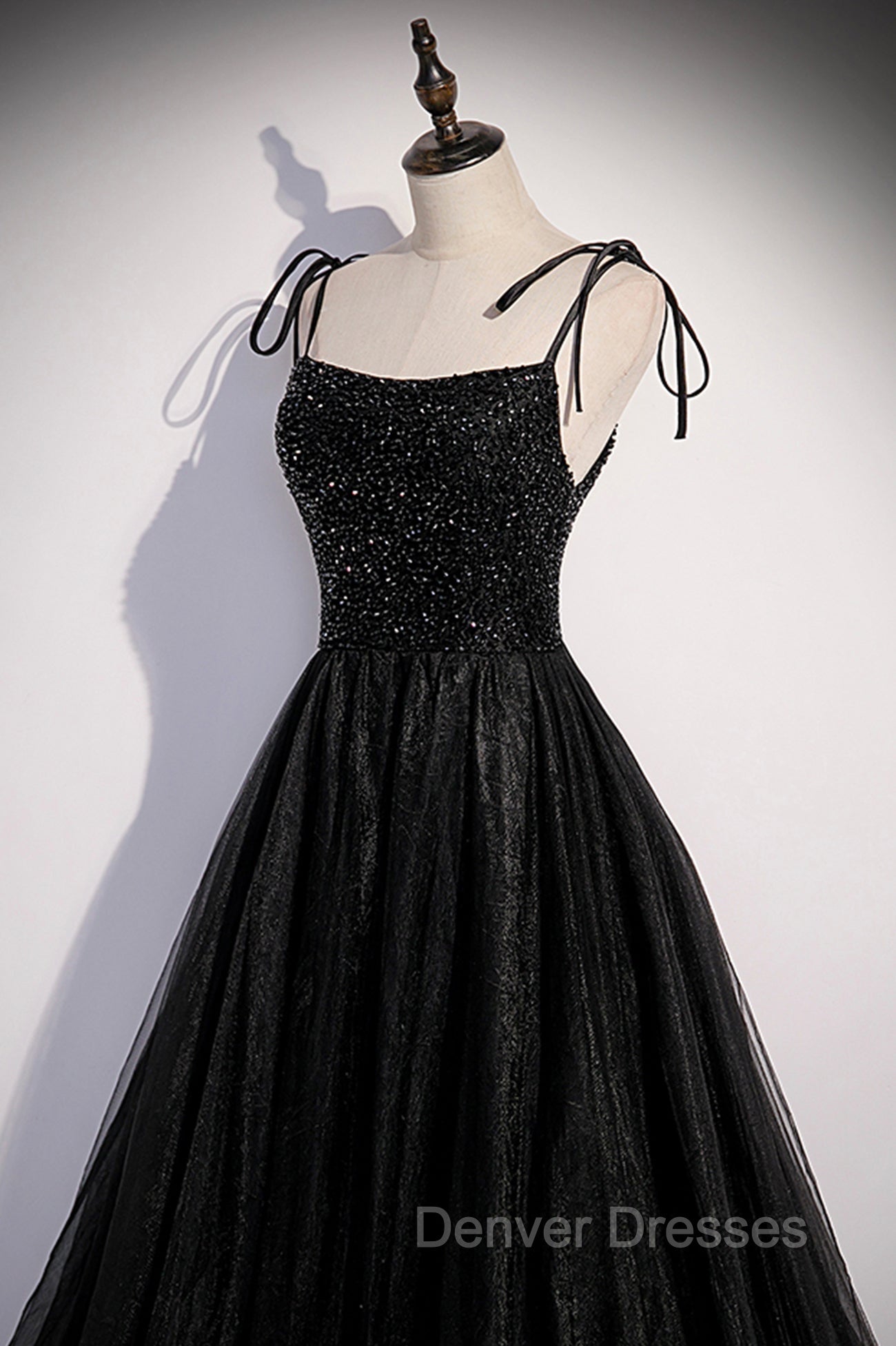 Black Tulle Beaded Long Prom Dress, A-Line Spaghetti Straps Evening Dress Secondary image