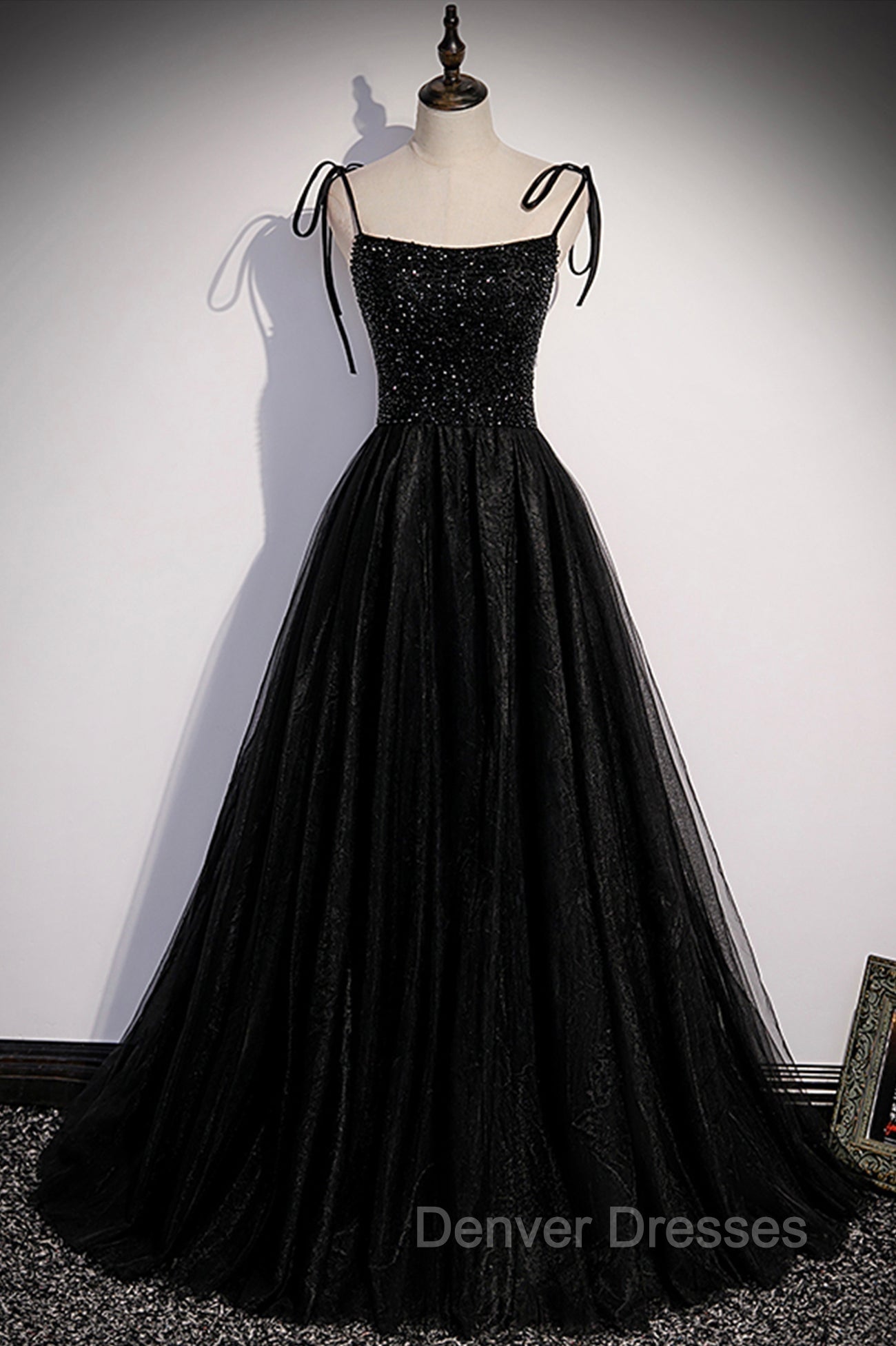 Black Tulle Beaded Long Prom Dress, A-Line Spaghetti Straps Evening Dress Main image