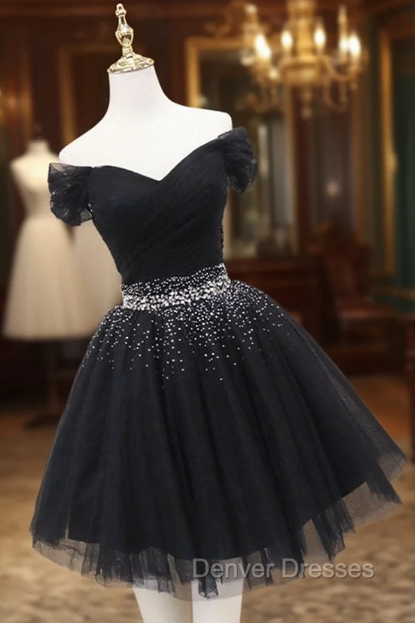 Black Tulle Beaded Short Prom Dress, Off Shoulder Evening Party Dress