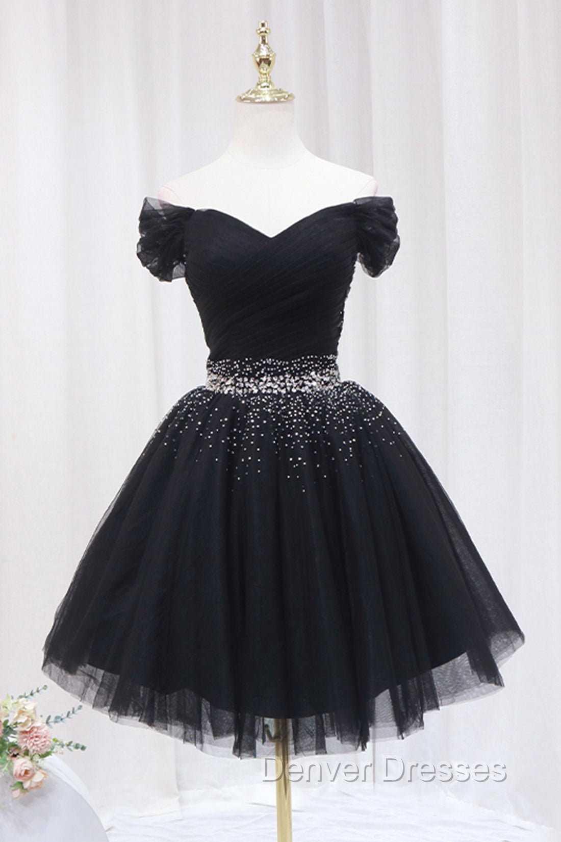 Black Tulle Beaded Short Prom Dress, Off Shoulder Evening Party Dress