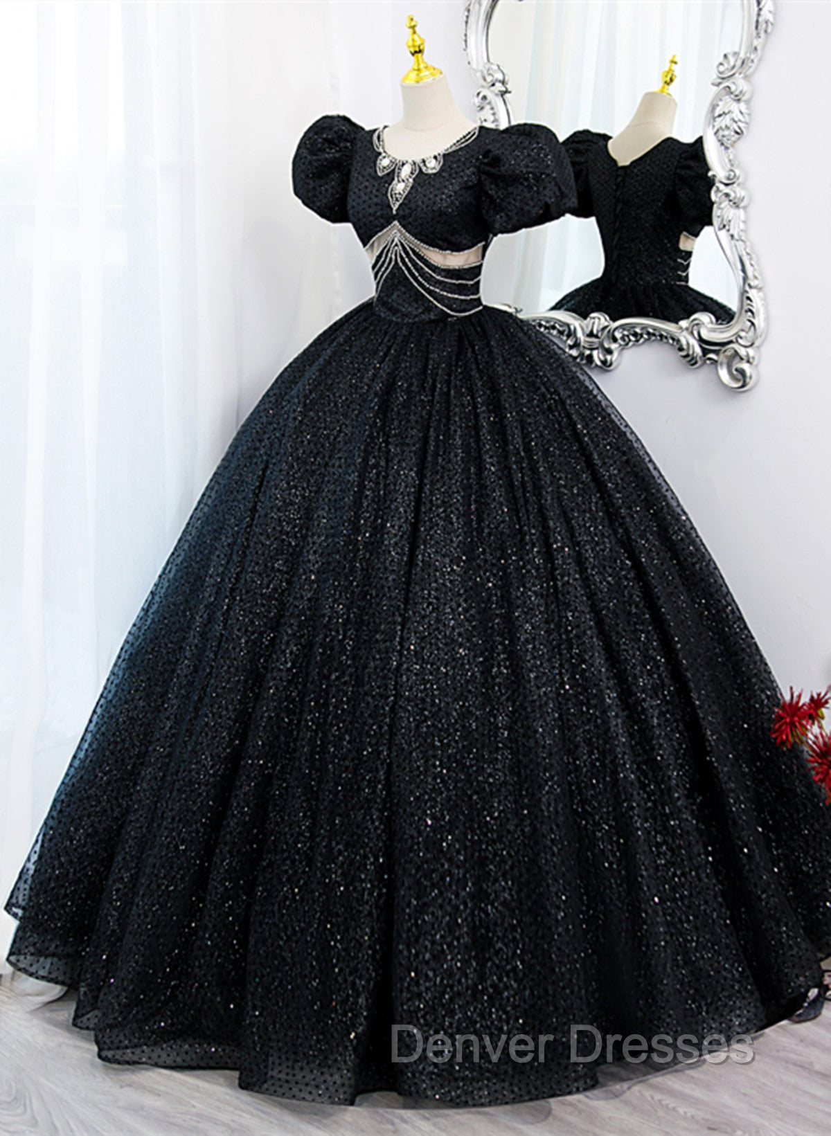 Black Tulle Beaded Short Sleeves Prom Dress, Black Tulle Formal Dress Secondary image