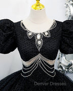 Black Tulle Beaded Short Sleeves Prom Dress, Black Tulle Formal Dress