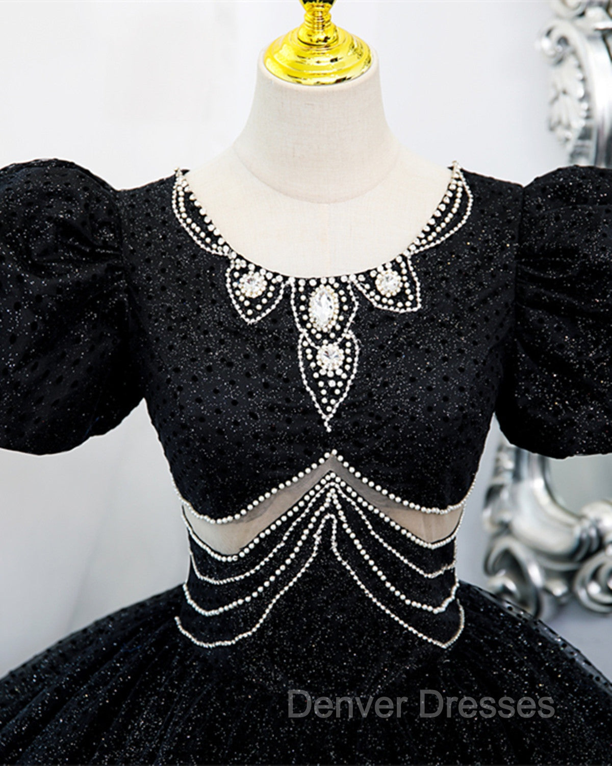 Black Tulle Beaded Short Sleeves Prom Dress, Black Tulle Formal Dress