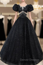 Black Tulle Beaded Short Sleeves Prom Dress, Black Tulle Formal Dress