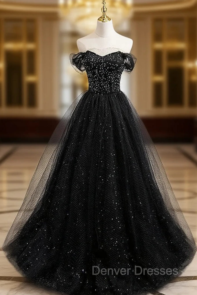 Black Tulle Beading Off the Shoulder Prom Dress Main image