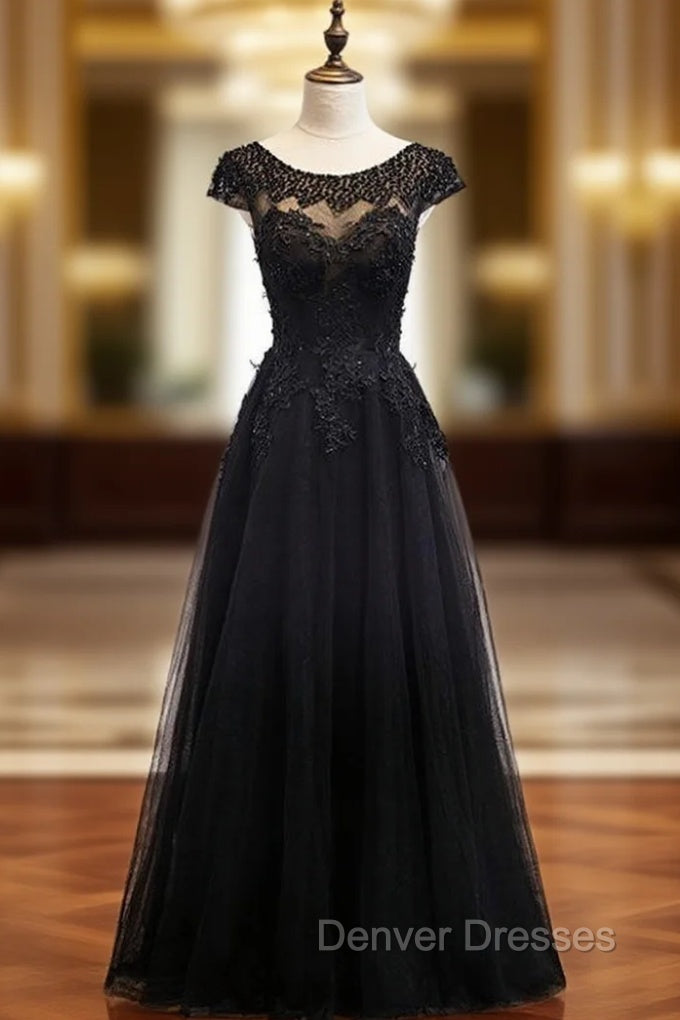 Black Tulle Cap Sleeve Appliques Beading Prom Dress