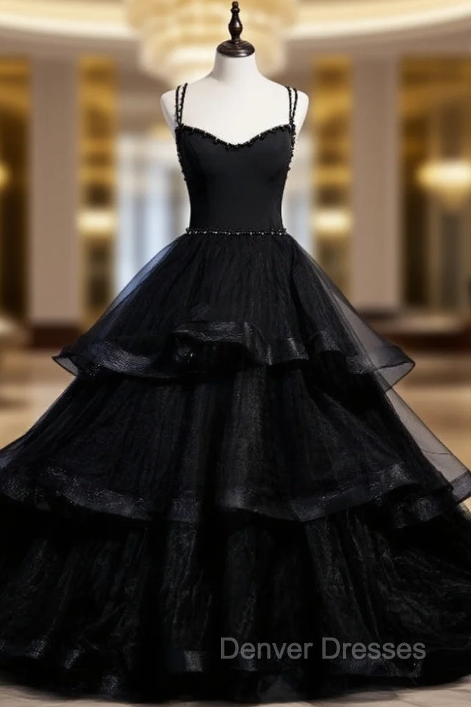Black Tulle Double Straps Beading Prom Dress Main image