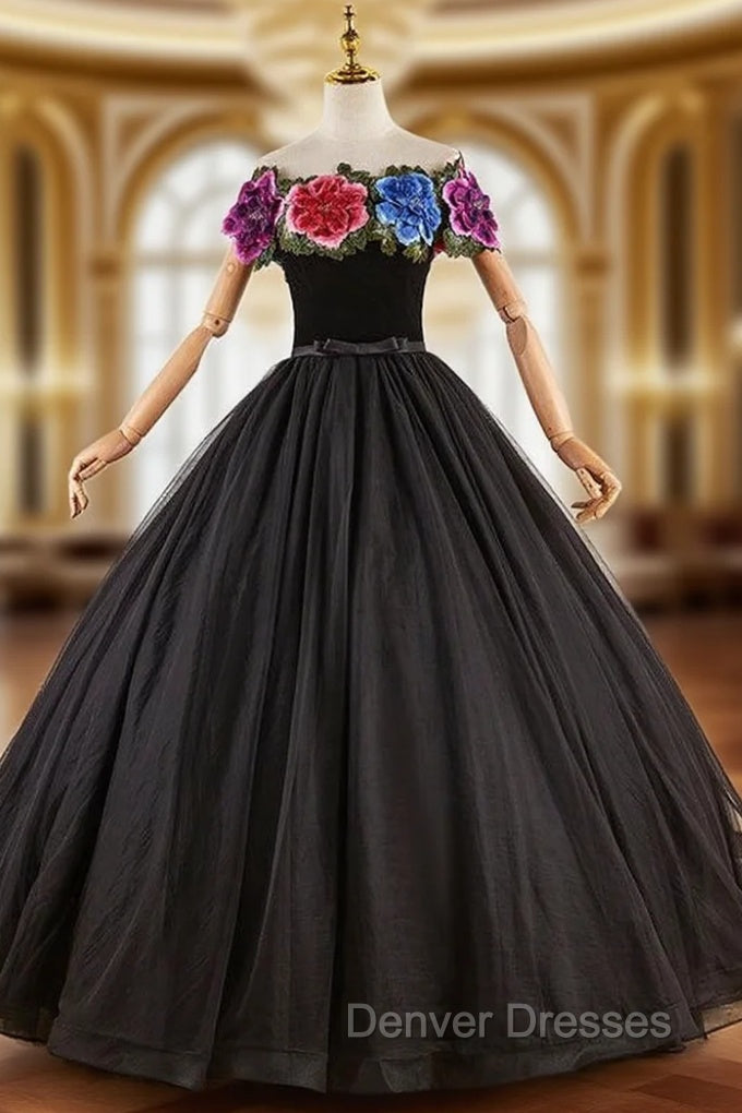 Black Tulle Embroidery Flower Quinceanera Dress Main image
