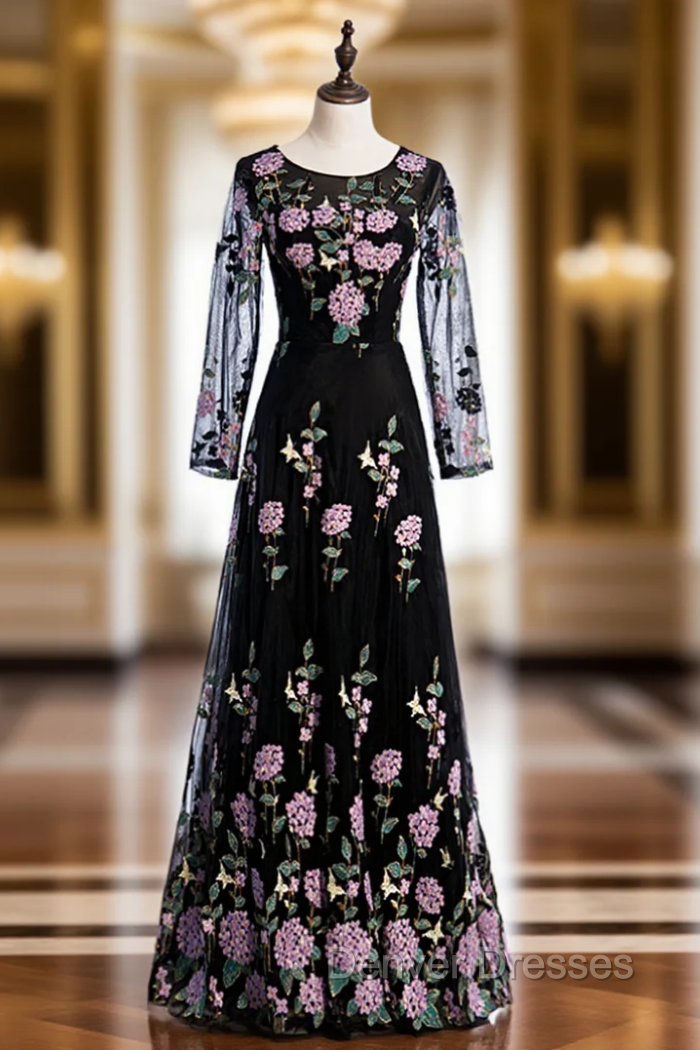 Black Tulle Embroidery Long Sleeve Scoop Prom Dress