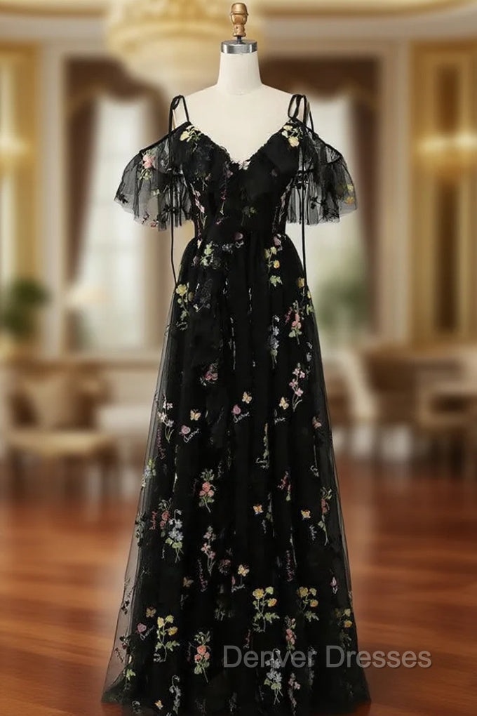 Black Tulle Embroidery Straps Prom Dress