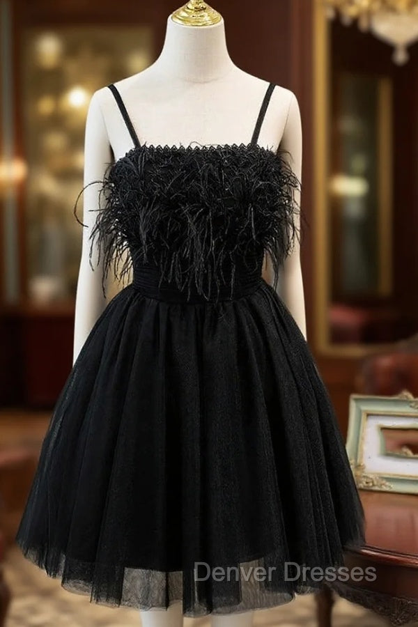 Black Tulle Feather Spaghetti Straps Homecoming Dress