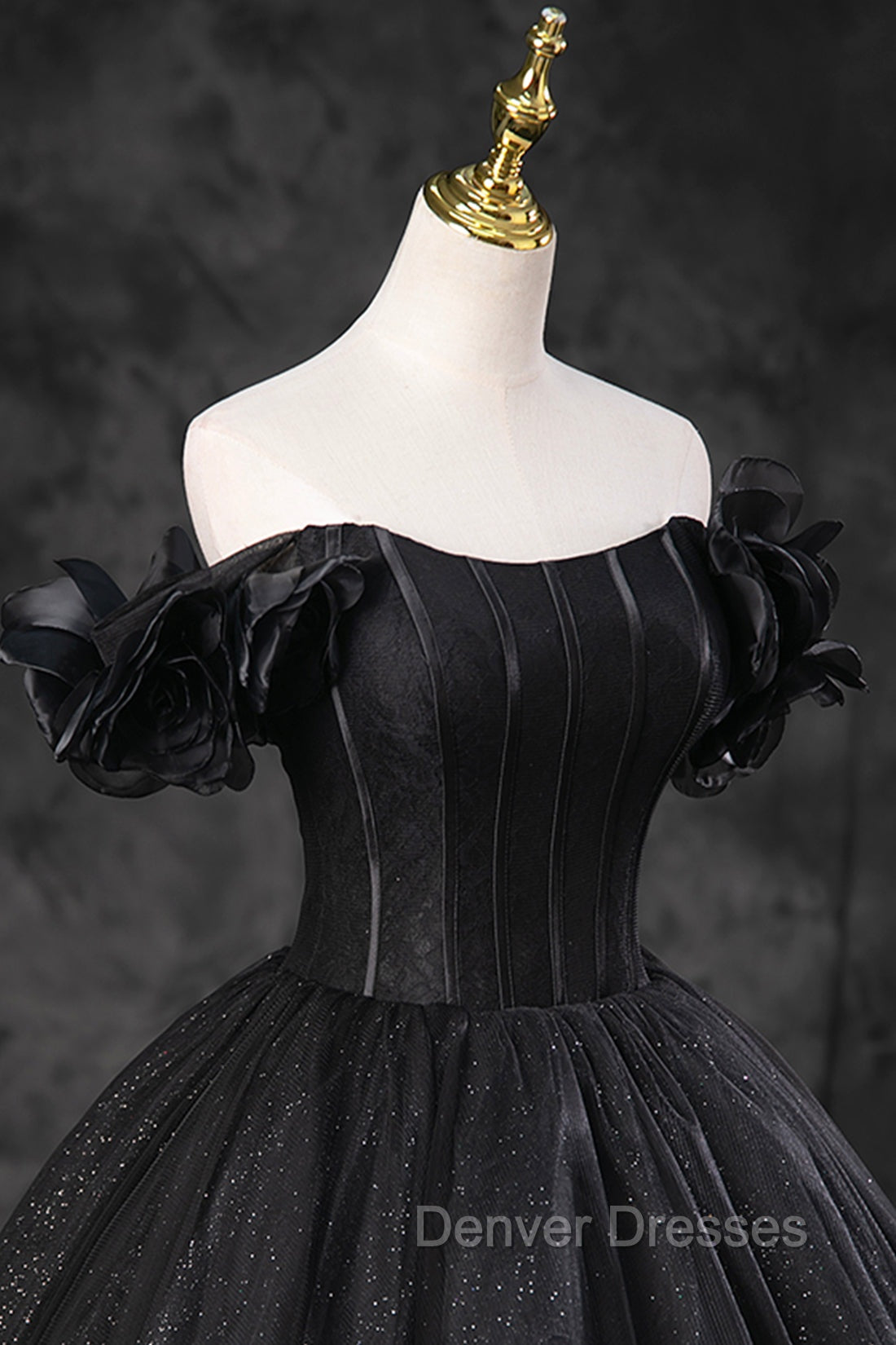 Black Tulle Floor Length A-Line Prom Dress, Off the Shoulder Evening Party Dress