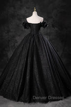 Black Tulle Floor Length A-Line Prom Dress, Off the Shoulder Evening Party Dress