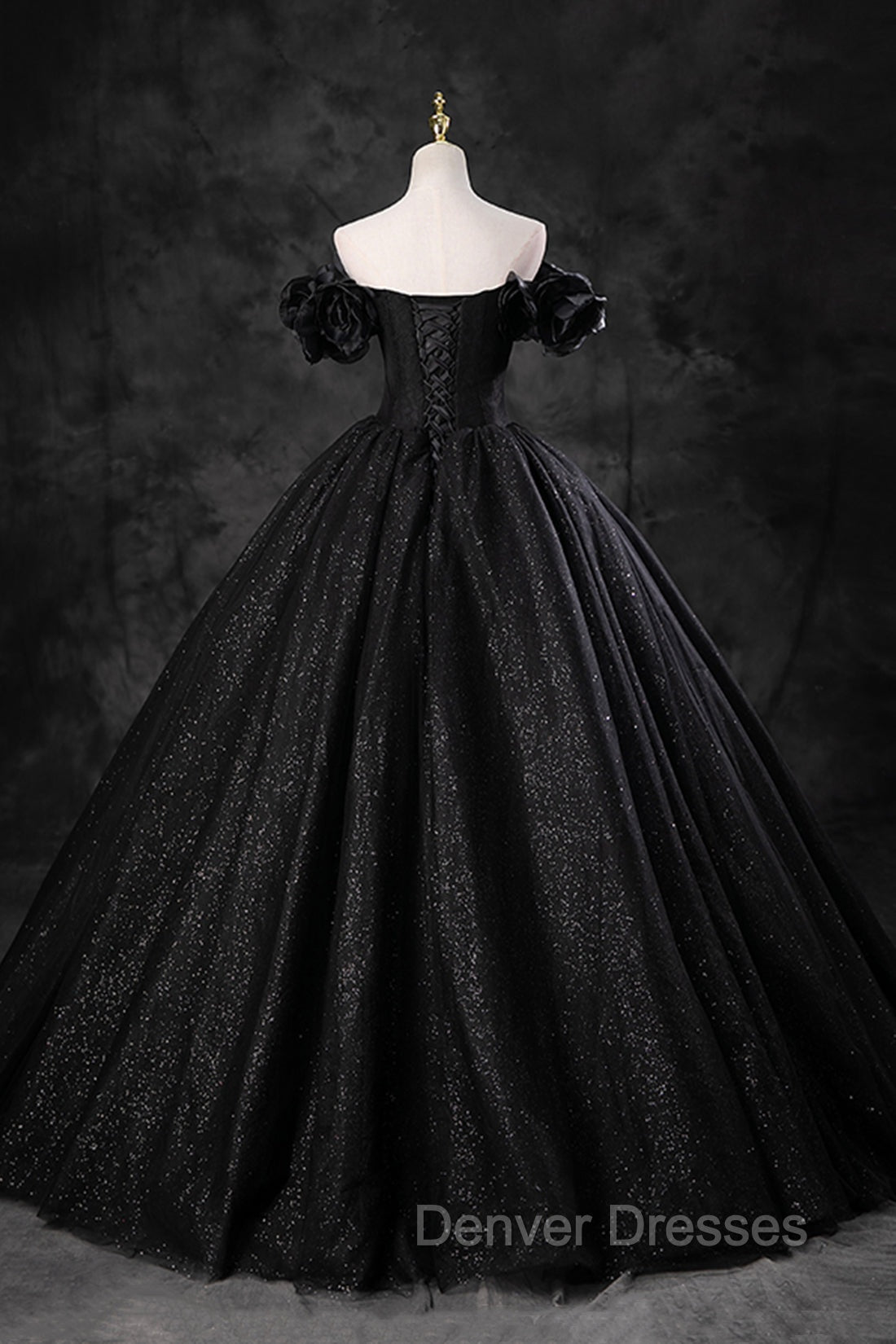 Black Tulle Floor Length A-Line Prom Dress, Off the Shoulder Evening Party Dress