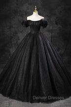 Black Tulle Floor Length A-Line Prom Dress, Off the Shoulder Evening Party Dress