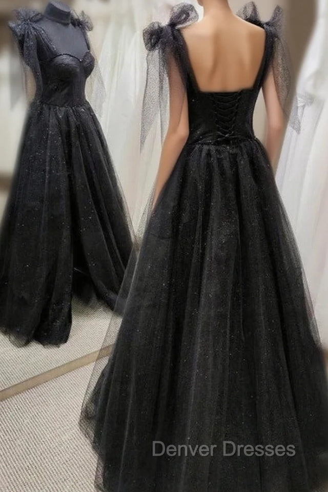 Black Tulle Floor Length Long Party Dress with Slit, Black Evening Dress