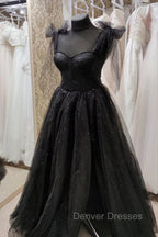 Black Tulle Floor Length Long Party Dress with Slit, Black Evening Dress