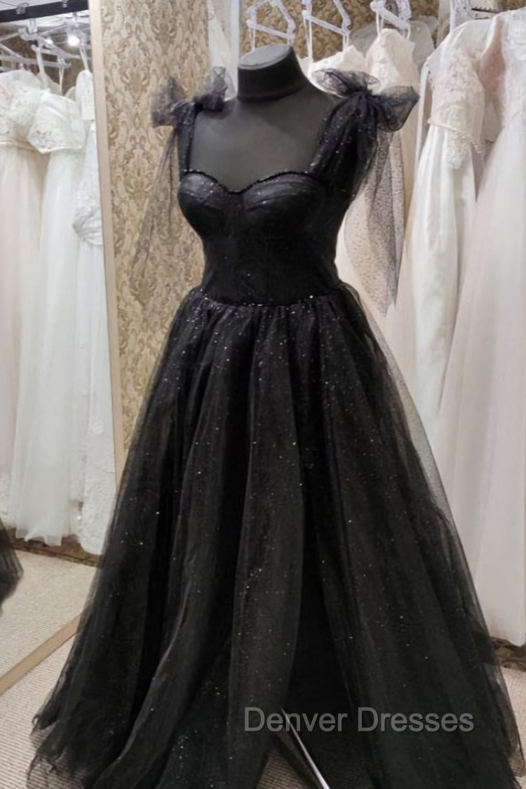 Black Tulle Floor Length Long Party Dress with Slit, Black Evening Dress