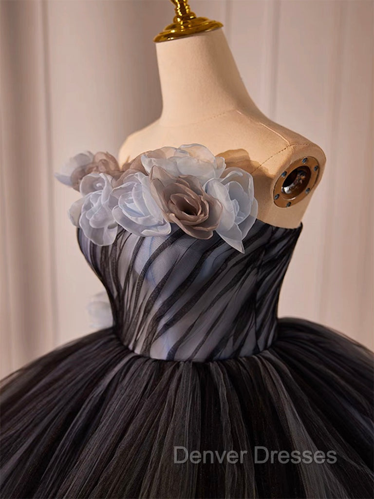 Black Tulle Flower Long Prom Gown, Black Sweet 16 Dress Secondary image