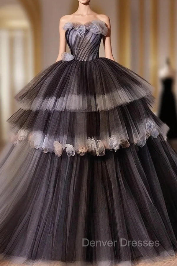 Black Tulle Flower Long Prom Gown, Black Sweet 16 Dress