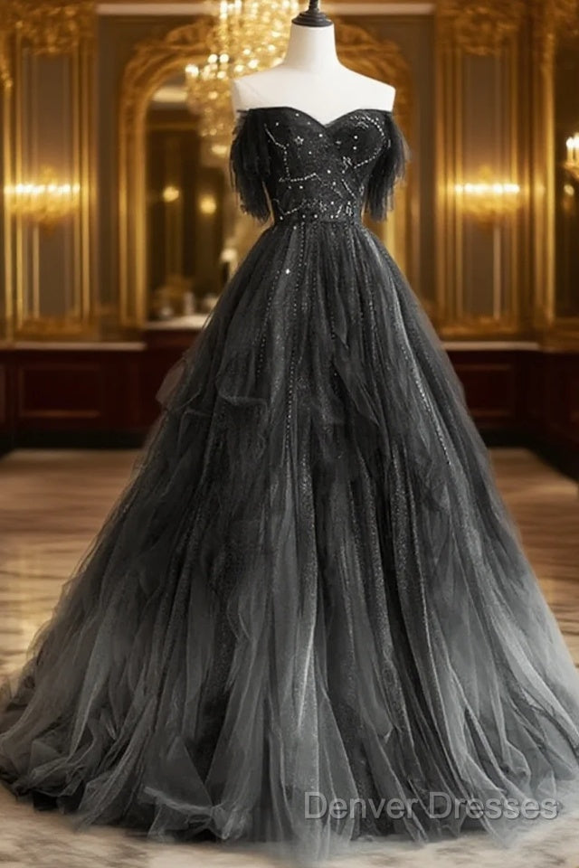 Black Tulle Gradient Long Party Dress With Beadings, Black Evening Dress Prom Dress Main image
