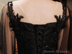 Black Tulle Gradient Short Sleeves Party Dress With Lace, Short Prom Dresses