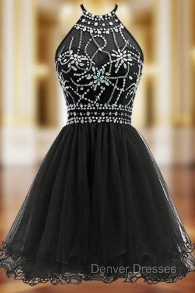 Black Tulle Halter Backless With Crystal Homecoming Dress Main image