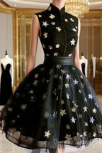 Black Tulle High Neckline Short Homecoming Dress, Black Short Prom Dress