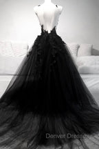Black Tulle Lace Long A-Line Prom Dress, Black V-Neck Evening Dress