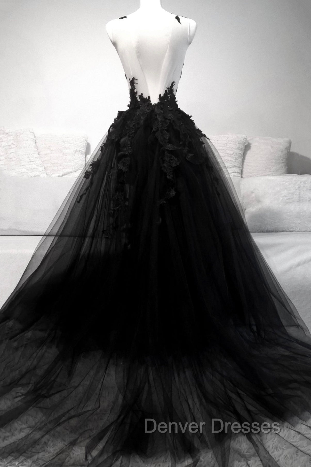 Black Tulle Lace Long A-Line Prom Dress, Black V-Neck Evening Dress