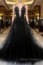 Black Tulle Lace Long A-Line Prom Dress, Black V-Neck Evening Dress