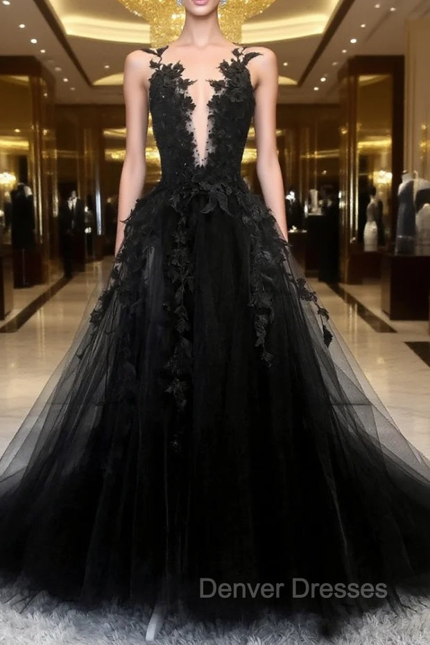 Black Tulle Lace Long A-Line Prom Dress, Black V-Neck Evening Dress