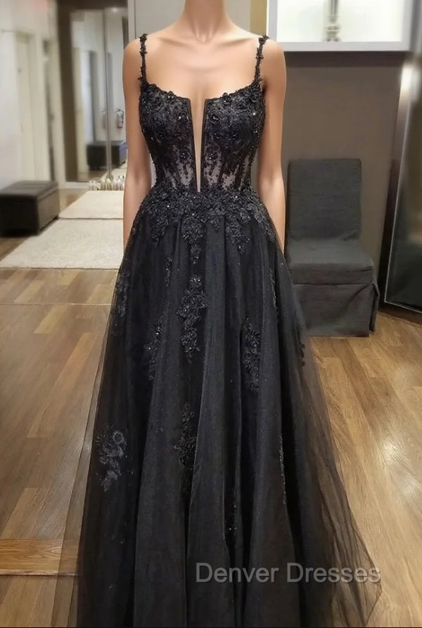 Black Tulle Lace Long Prom Dress, A-Line Spaghetti Straps Evening Dress