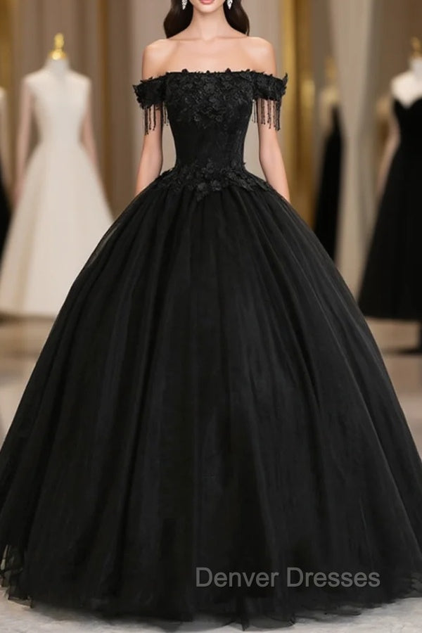 Black Tulle Lace Long Prom Dress, Black A-Line Evening Gown Main image