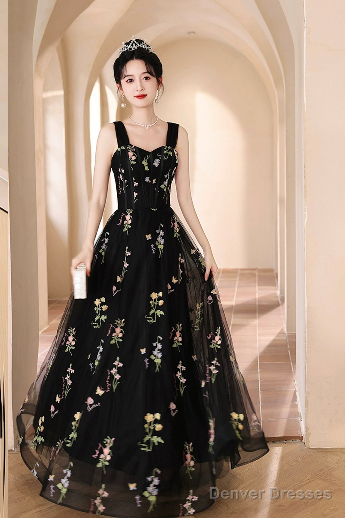 Black Tulle Lace Long Prom Dress, Black A-Line Off The Shoulder Evening Party Dress Secondary image