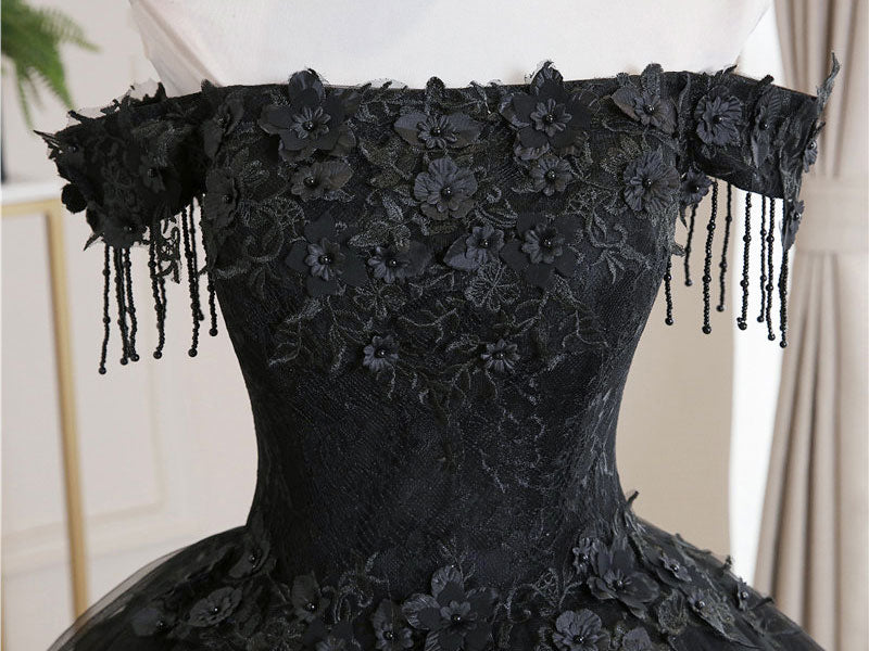 Black Tulle Lace Long Prom Dress, Black Tulle Lace Evening Dress
