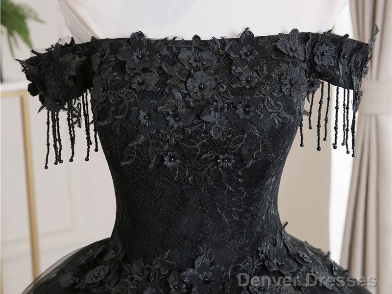 Black Tulle Lace Long Prom Dress, Black Tulle Lace Evening Dress