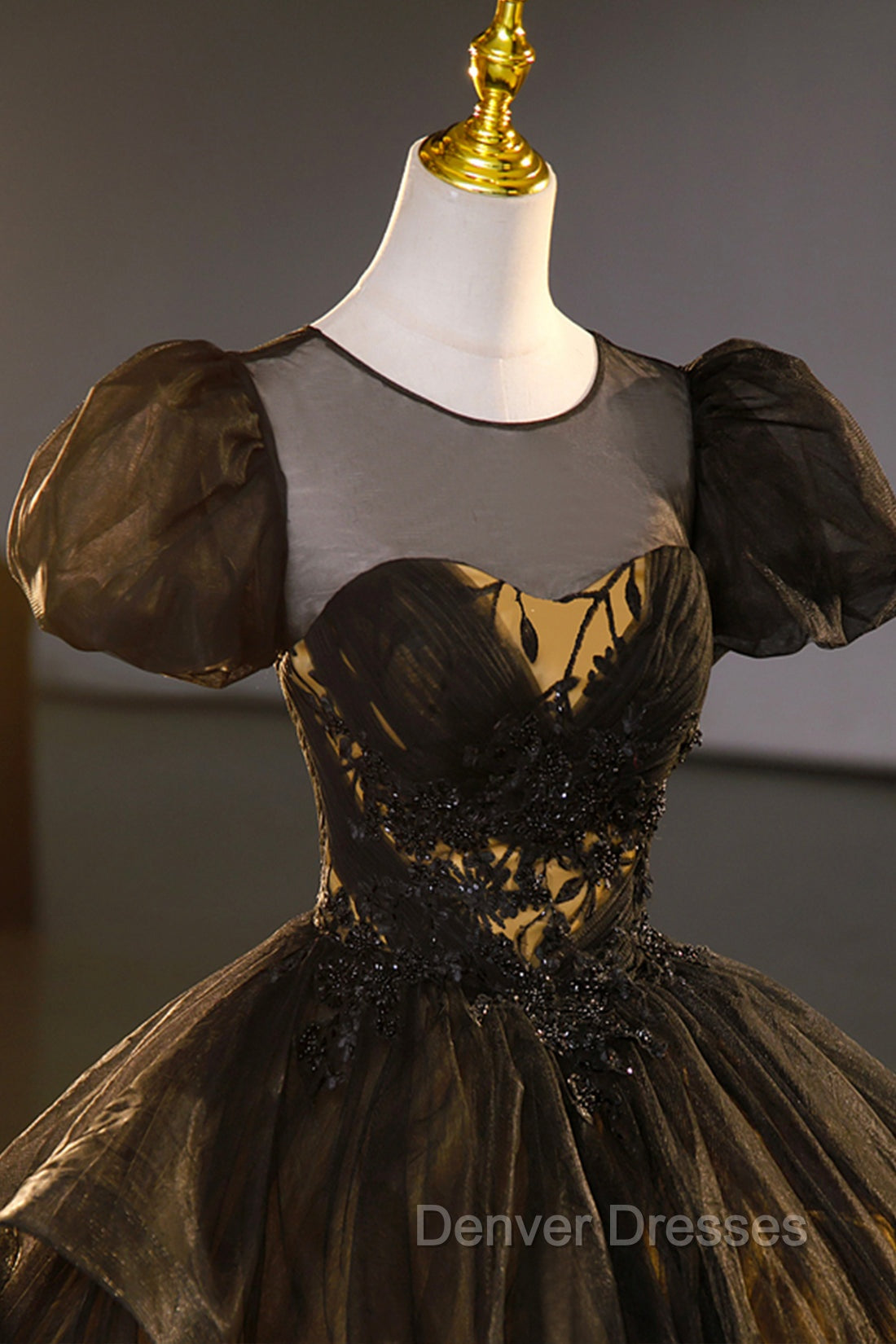 Black Tulle Lace Long Prom Dress, Black Short Sleeve Evening Dress Secondary image