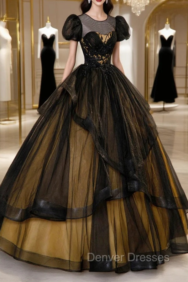 Black Tulle Lace Long Prom Dress, Black Short Sleeve Evening Dress