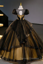Black Tulle Lace Long Prom Dress, Black Short Sleeve Evening Dress