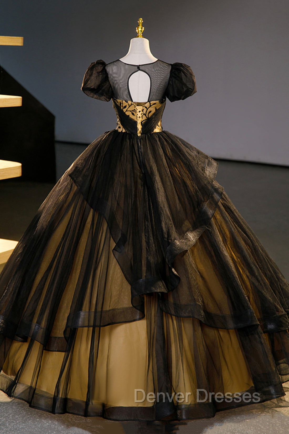 Black Tulle Lace Long Prom Dress, Black Short Sleeve Evening Dress