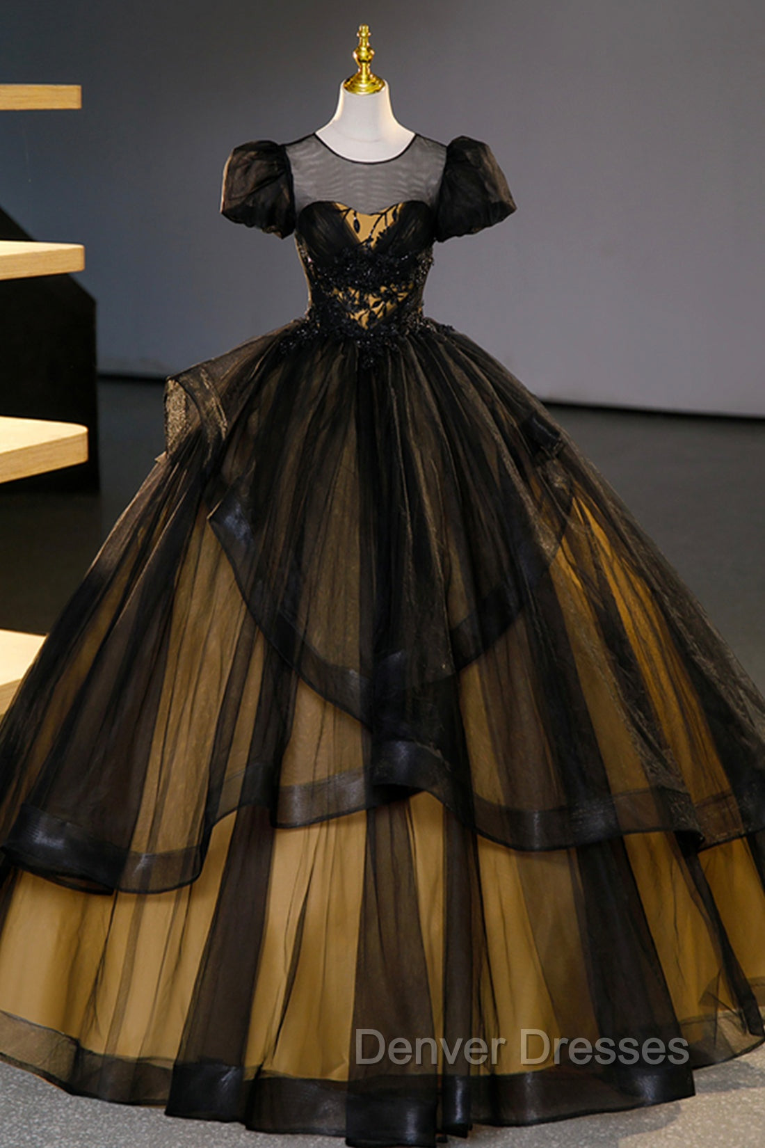 Black Tulle Lace Long Prom Dress, Black Short Sleeve Evening Dress