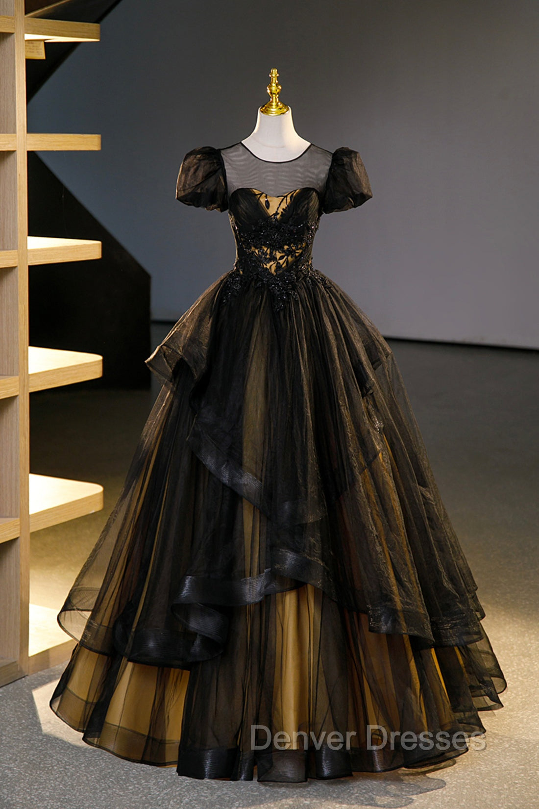 Black Tulle Lace Long Prom Dress, Black Short Sleeve Evening Dress Main image