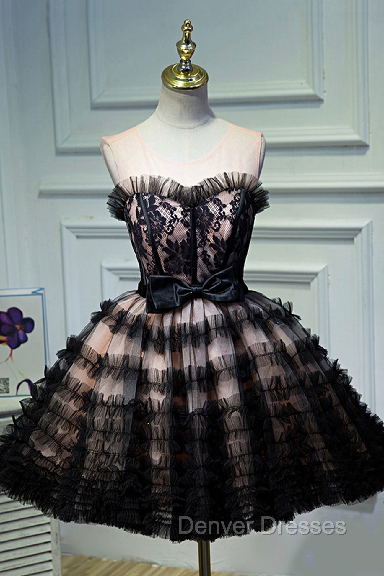 Black Tulle Lace Short Prom Dress, A-Line Black Homecoming Dress